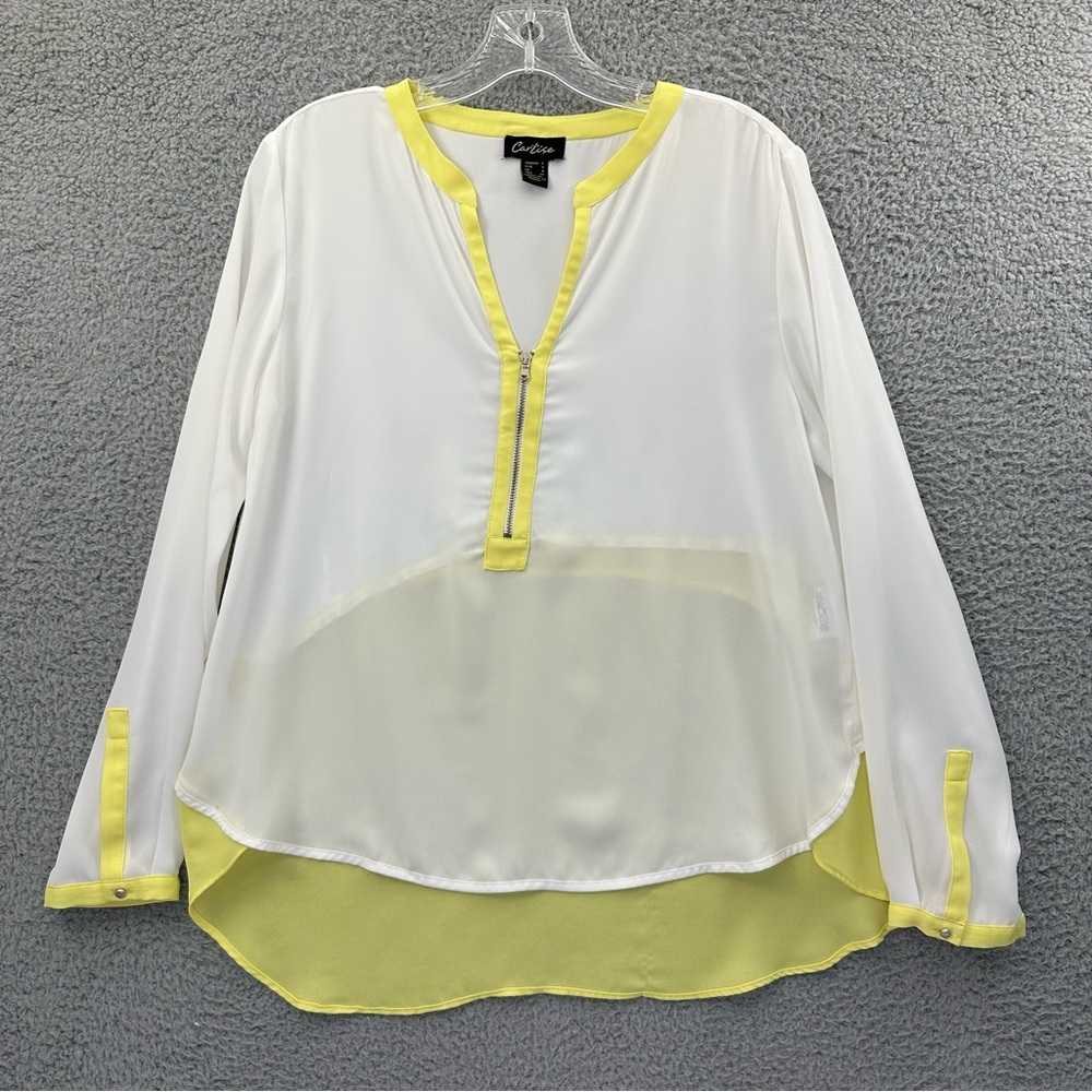 Cartise Long Sleeve V Neck Zipper Blouse White Yellow Semi Sheer Women's‎ 4